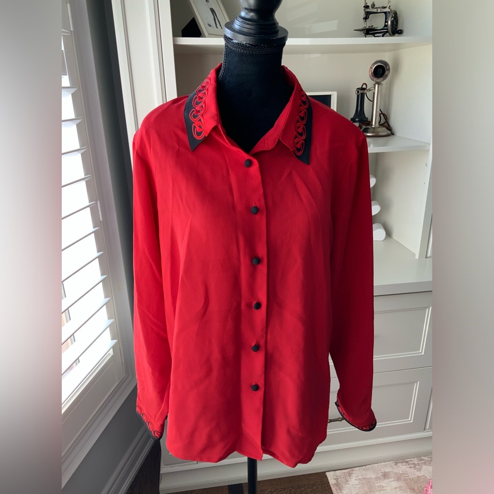Vintage 80’S YVES ST. CLAIR Red & Black Long Sleeve Blouse Women’s Size Large